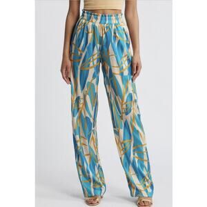 DIARRABLU Pants Womens Small Multicolor Satin Wide Leg Elastic Waist Geometric